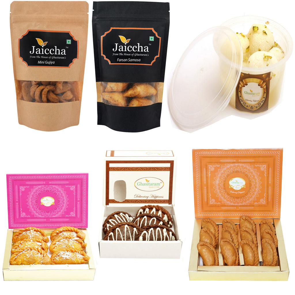 Holi Sweets| Holi Hampers| Holi Gifts:Best of 6 Traditional Gujiyas; Chocolate Gujiya, Dry Sweet Gujiya; Mini Gujiya Namkeen Pouch; Farsaan Samosa Pouch and a Rasgulla Pack