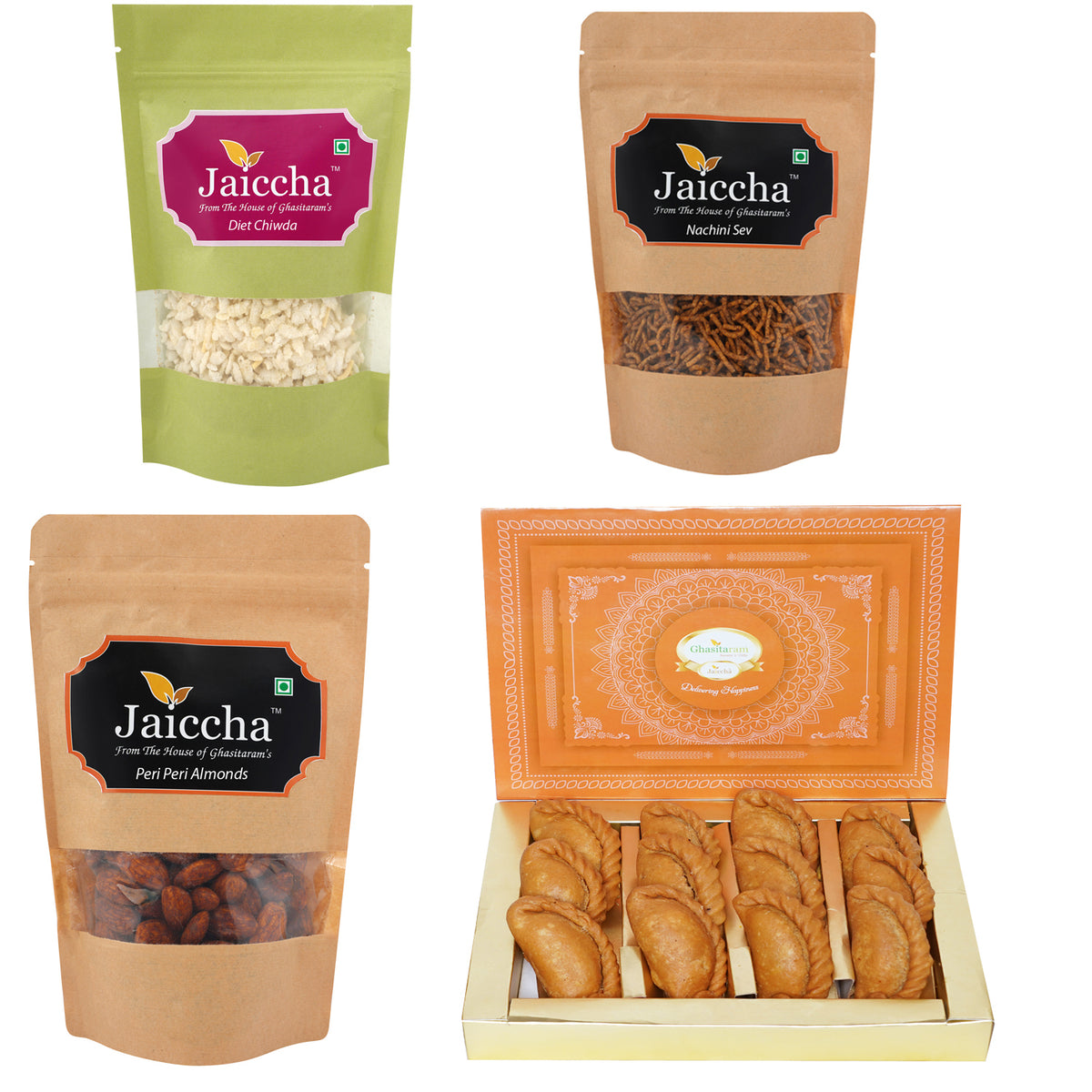 Holi Sweets| Holi Hampers| Holi Gifts:Best of 4- Sugarfree Gujiya (400 gms); Diet Chiwda Pouch; Flavoured Almonds Pouch; Nachini Sev Pouch