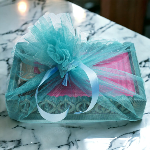 Holi Sweets| Holi Hampers| Holi Gifts Blue Wooden Tray of Gujiyas and Thandai