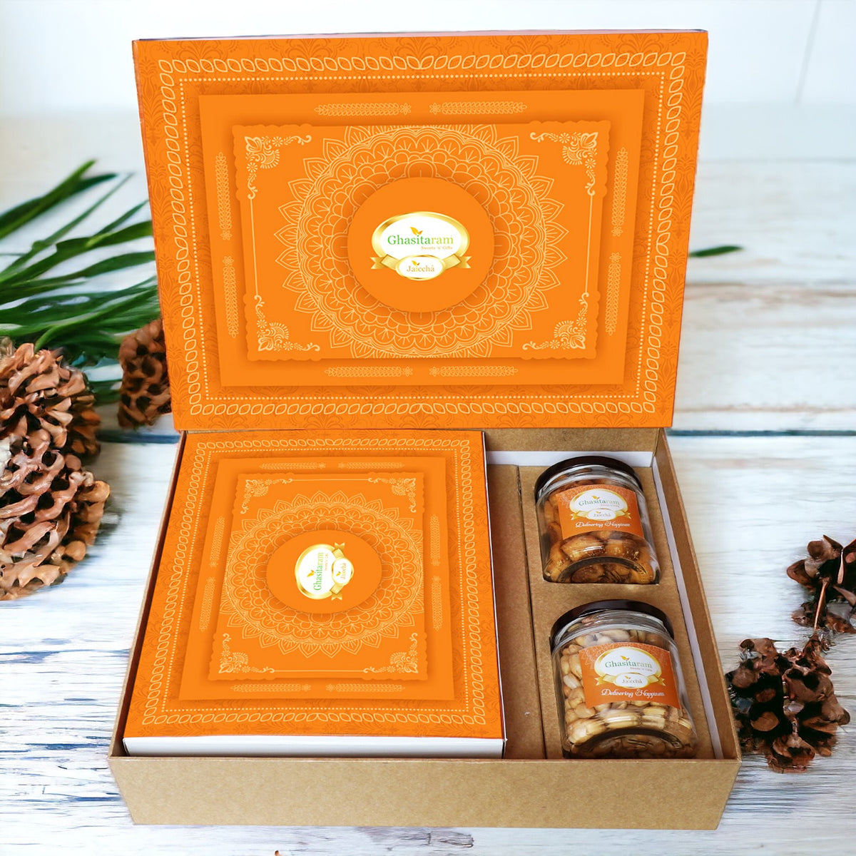 Ghasitaram Orange Hamper Box with Assorted Gujiyas, Bhakarwadi and Peanuts