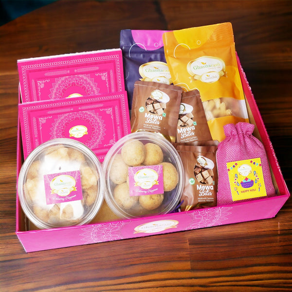 Ghasitaram Big Hamper Basket of 12 Goodies with  Gujiyas