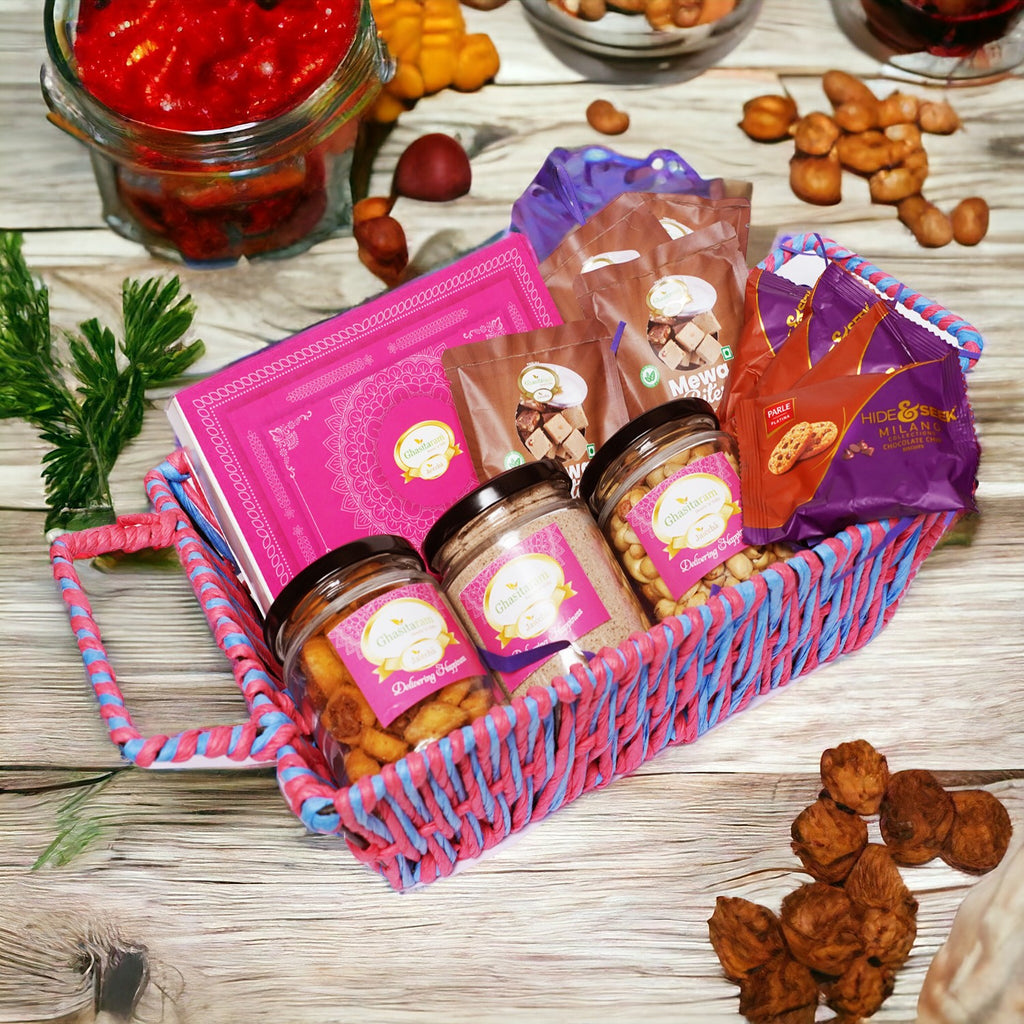 Pink Square Basket of 12 goodies with Gujiyas