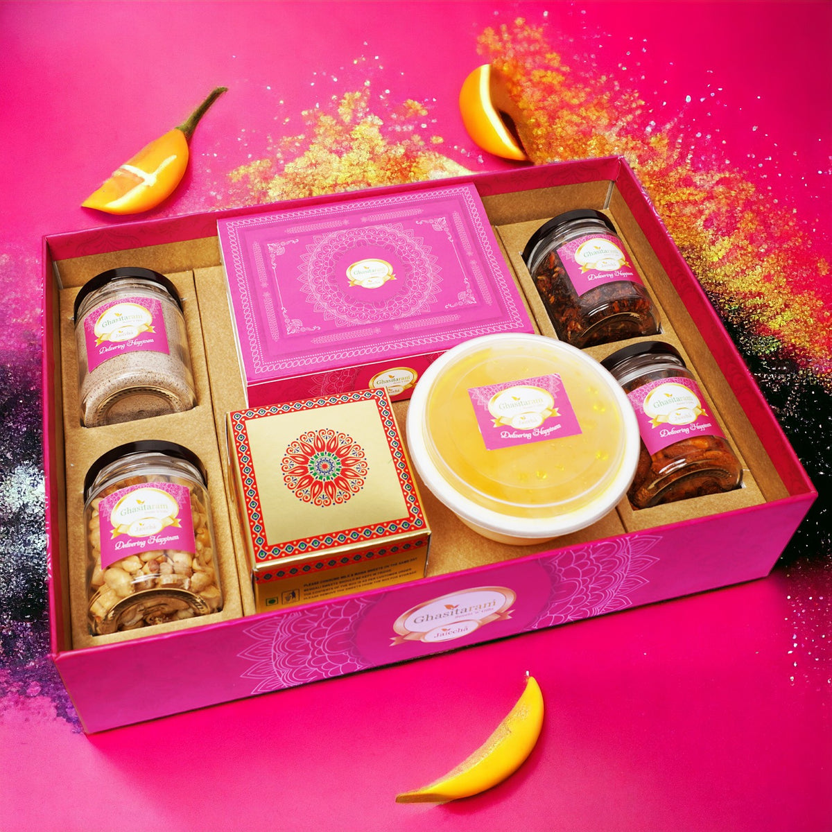 Ghasitaram Big Hamper Tray of Gujiyas, Ghevar, Thandai, Peanuts, Paan and Mixed Nuts
