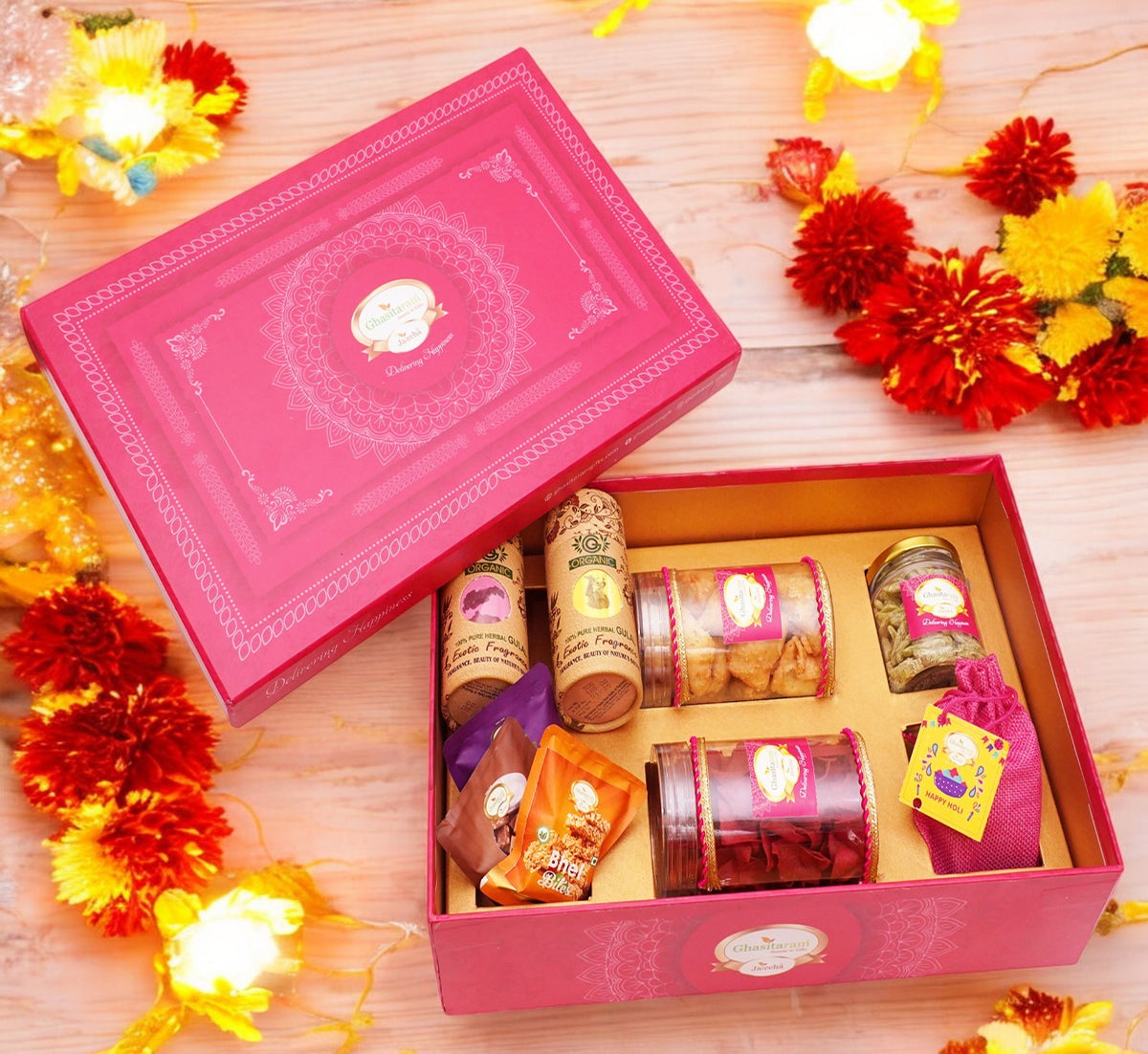 Holi Sweets| Holi Hampers| Holi Gifts-Big Pink Hamper Box of Namkeens, Sweets/ Bites, Dryfruits, Thandai and Organic Gulal