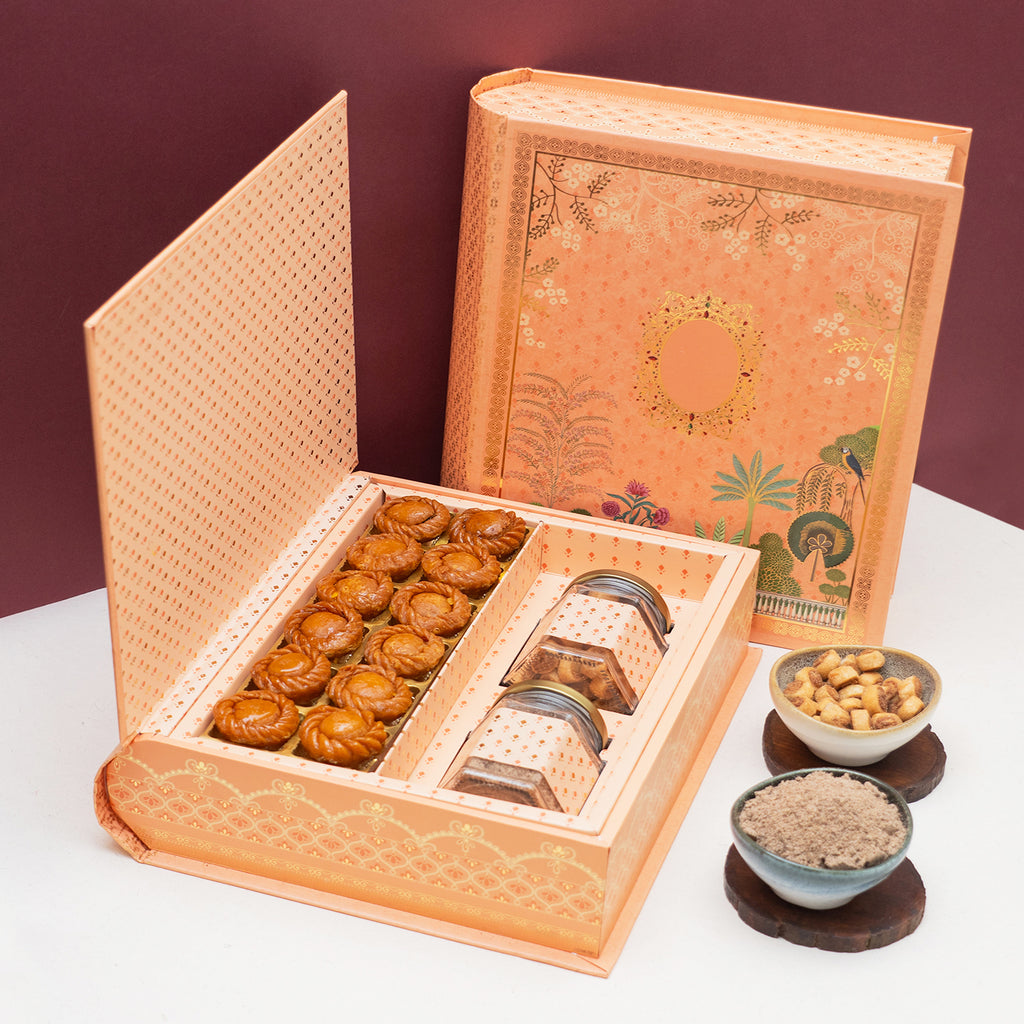 Book Print Mini Chandrakala, Gujiya, Thandai, Namkeen Box