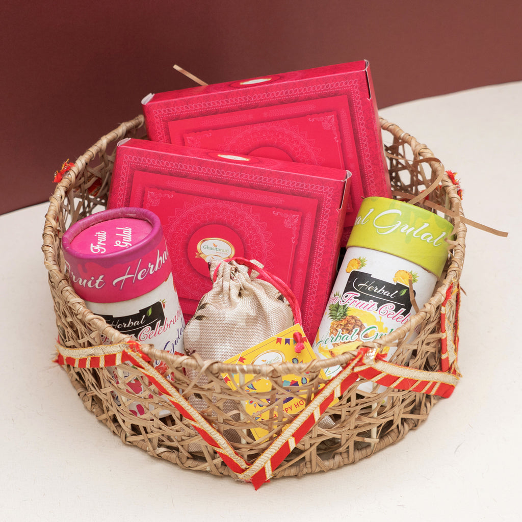 Round Rattan Basket| Gujiya| Thandai| Organic Gulal|Holi Sweets|Holi Hampers| Holi Gifts|