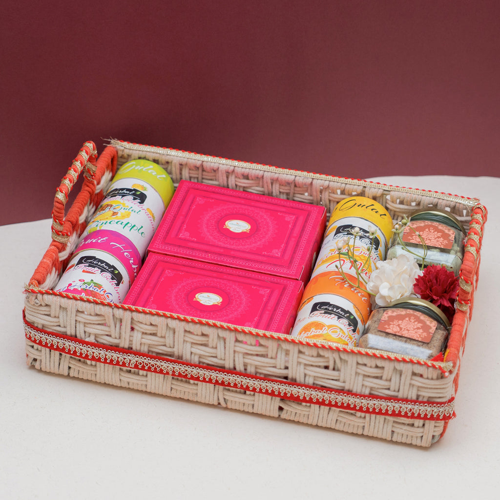 Woven Basket| Gujiya| Thandai| Organic Gulal|dry fruit Holi Sweets|Holi Hampers| Holi Gifts|