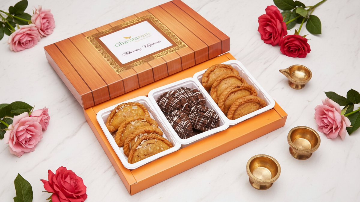 Holi Sweets| Holi Hampers| Holi Gifts-Assorted box of Traditional, Dry Sweet and Farsaan Gujiyas