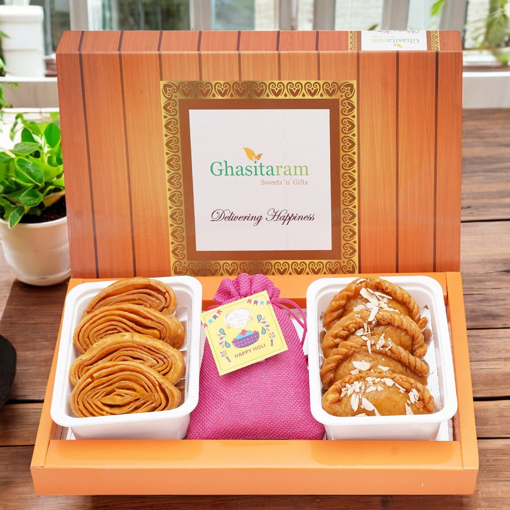 Assorted box of Khaja, Gujiyas and Thandai