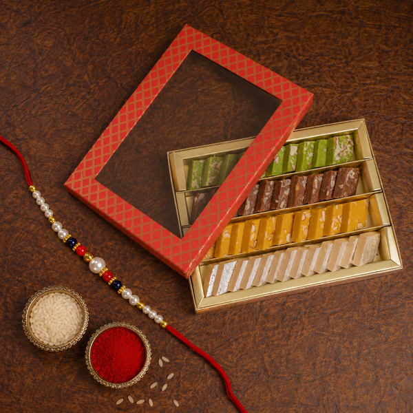 Pure Assorted Kaju Katlis Gift Box 500 GMS with Pearl Rakhi