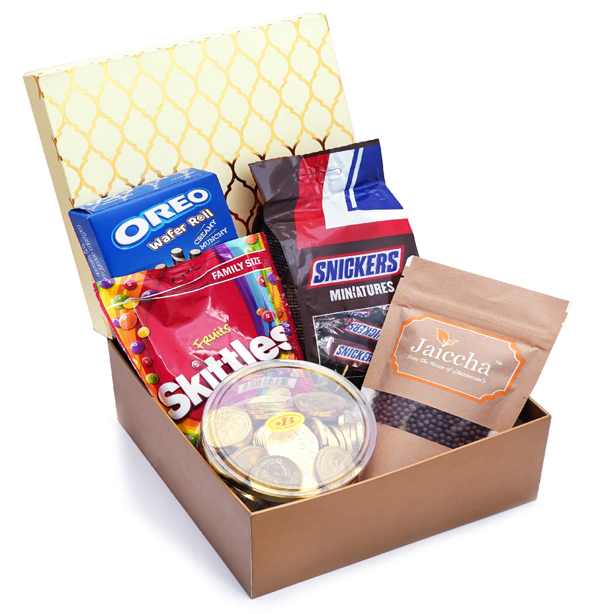Golden Hamper Box of Chocoate Coated Almonds, Chocolate coated Cashews, Chocolate Coated Raisins, Pooja Thal and 2 T-lites