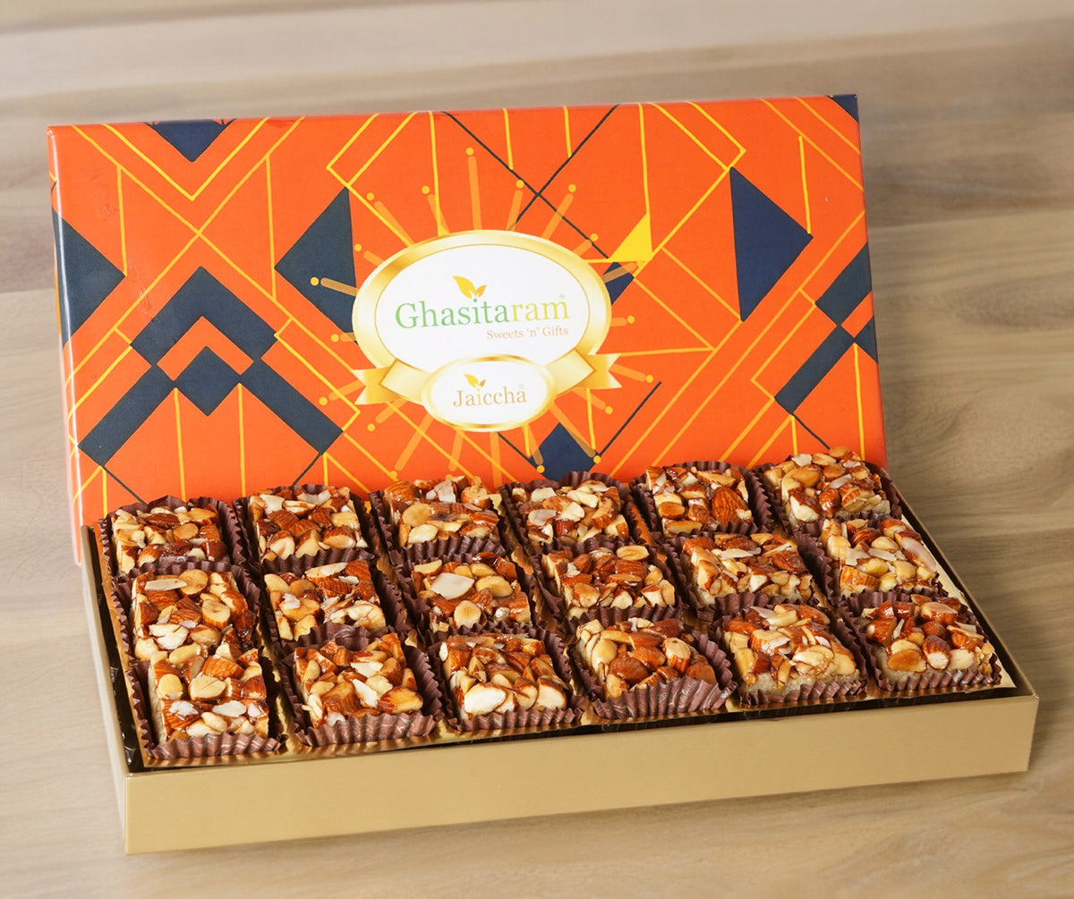 Bhaidooj Gifts-Sugarfree Almond Delight in Designer Box 18 pcs