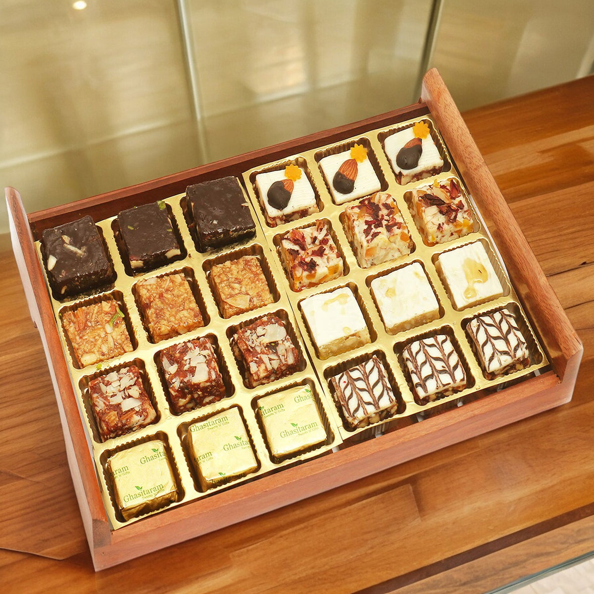 Wooden Sheen Chocolates and Assorted Bites Serving Tray