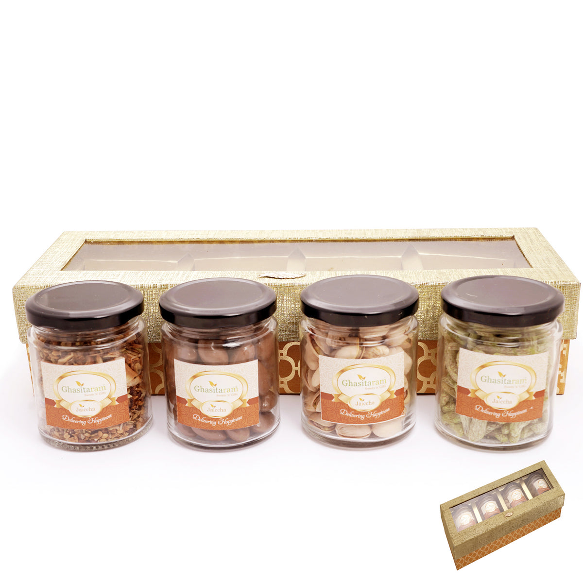 Unique Diwali gifts-Golden Box of 4 Jars with dryfruits