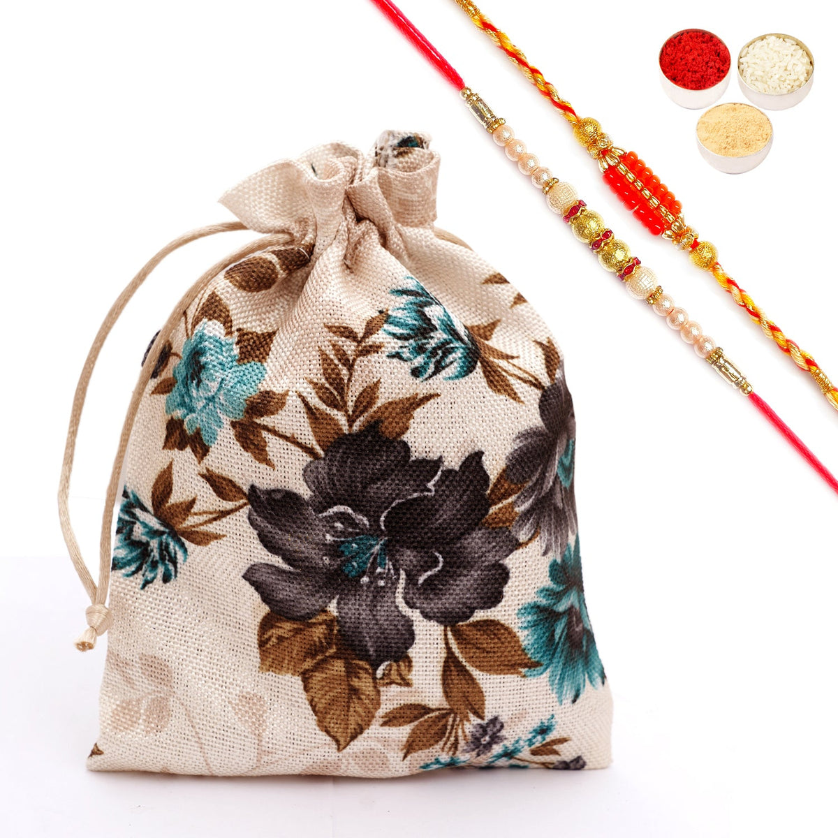 Rakhi Hampers | Printed Jute Pouch with Rakhi Tags, Bites & rakhis | Rakhi Gift Ideas