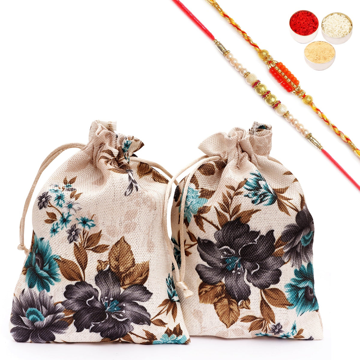 Rakhi Hampers | Printed Jute Pouch with Rakhi Tags, Bites & rakhis | Rakhi Gift Ideas