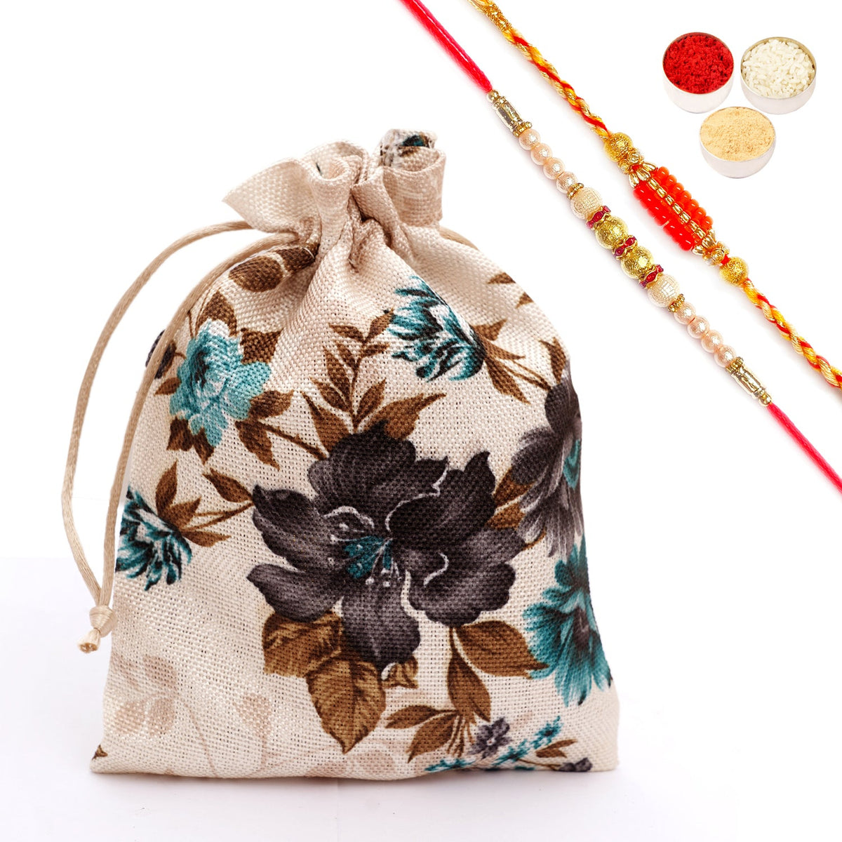 Rakhi Hampers | Printed Jute Pouch with Rakhi Tags, Bites & rakhis | Rakhi Gift Ideas