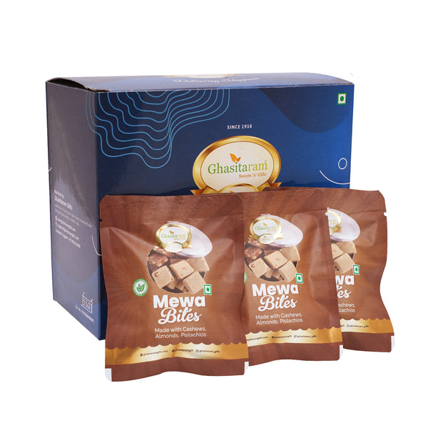 Diwali Gifts-Blue box small with Mewa Bites, and Sugarfree Bites Pouches (30 pcs)