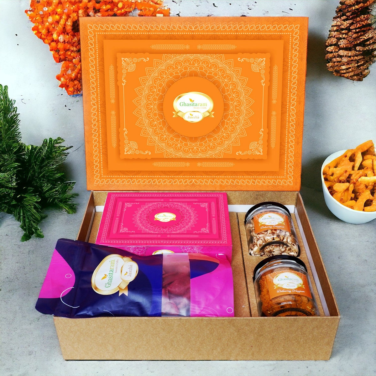 Ghasitaram Orange Hamper Box with Sugarfree Kaju Katli, Beetroot Chips, Wheat Puffs and Moong Chakli