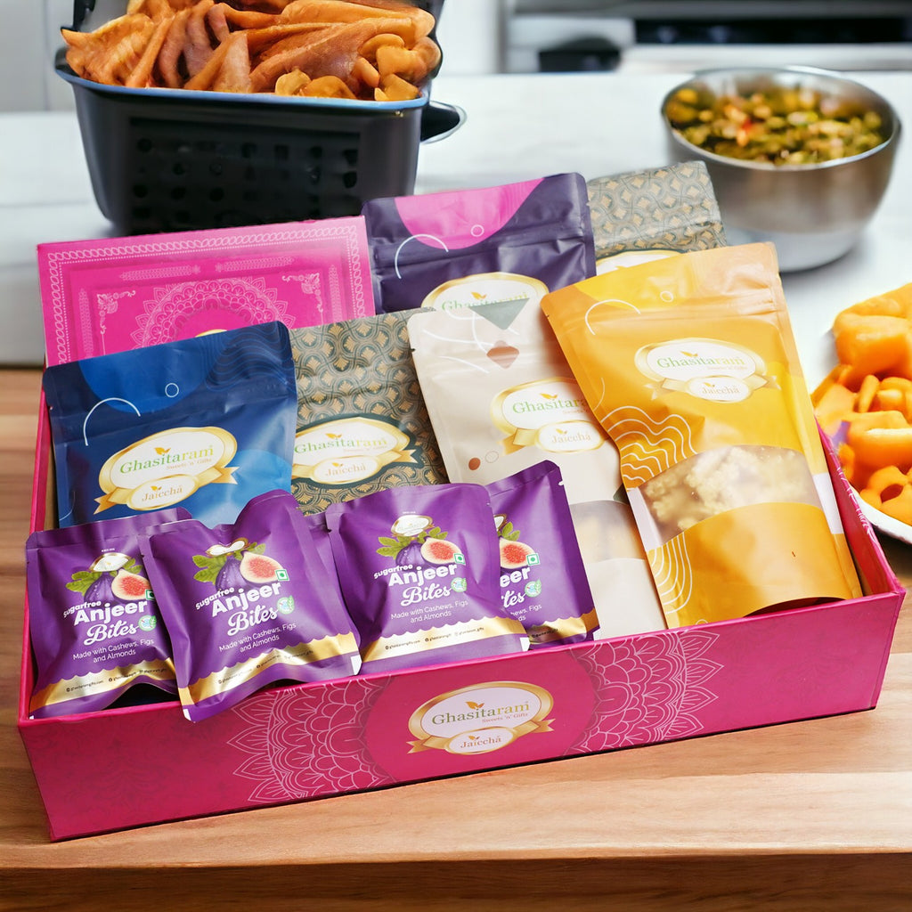 Corporate Gifts-Ghasitaram Big Hamper Basket of 12 Healthy Goodies with Sugarfree Kaju Katlis