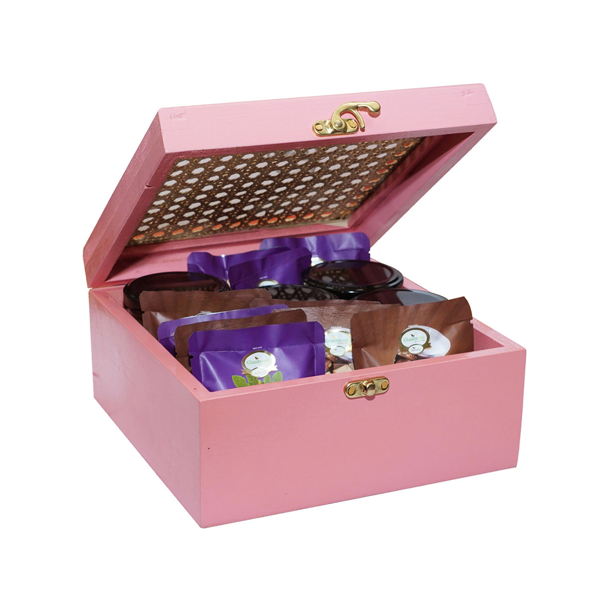 Diwali Gifts-Pink Cane Rattan Box of 16 Goodies