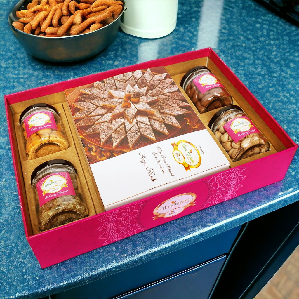 Ghasitaram Big Hamper Tray of Kaju Katlis, Crunchy Cashew, Paan Raisins, Choco Almonds, and Pistachios