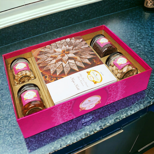 Ghasitaram Big Hamper Tray  of Kaju Katlis , Peri Almonds, Pistachios, Wheat Puffs and Choco Rice Crispies