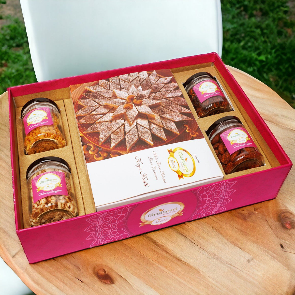 Ghasitaram Big Hamper Tray  of Kaju Katlis, Peri Almonds, Chiwda, Wheat puffs and Paan
