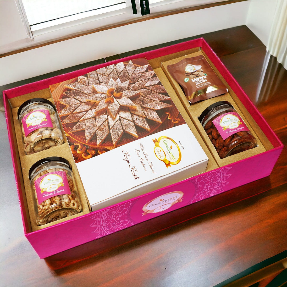 Ghasitaram Big Hamper Tray  of Kaju Katlis, Peri Almonds, Pistachios, Wheat puffs and Mewa Bites