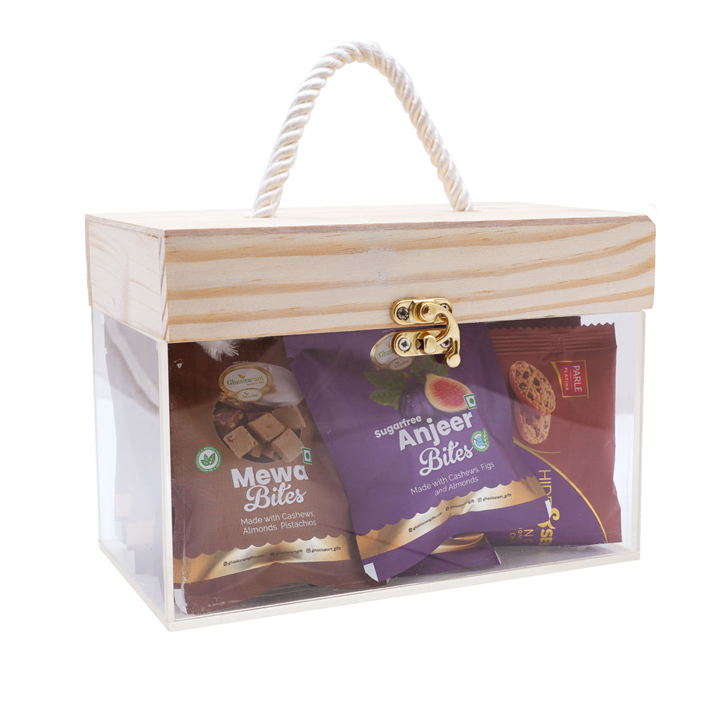 Wooden Acrylic Box of Mewa Bites, Sugarfree Bites and Cookies Pouches