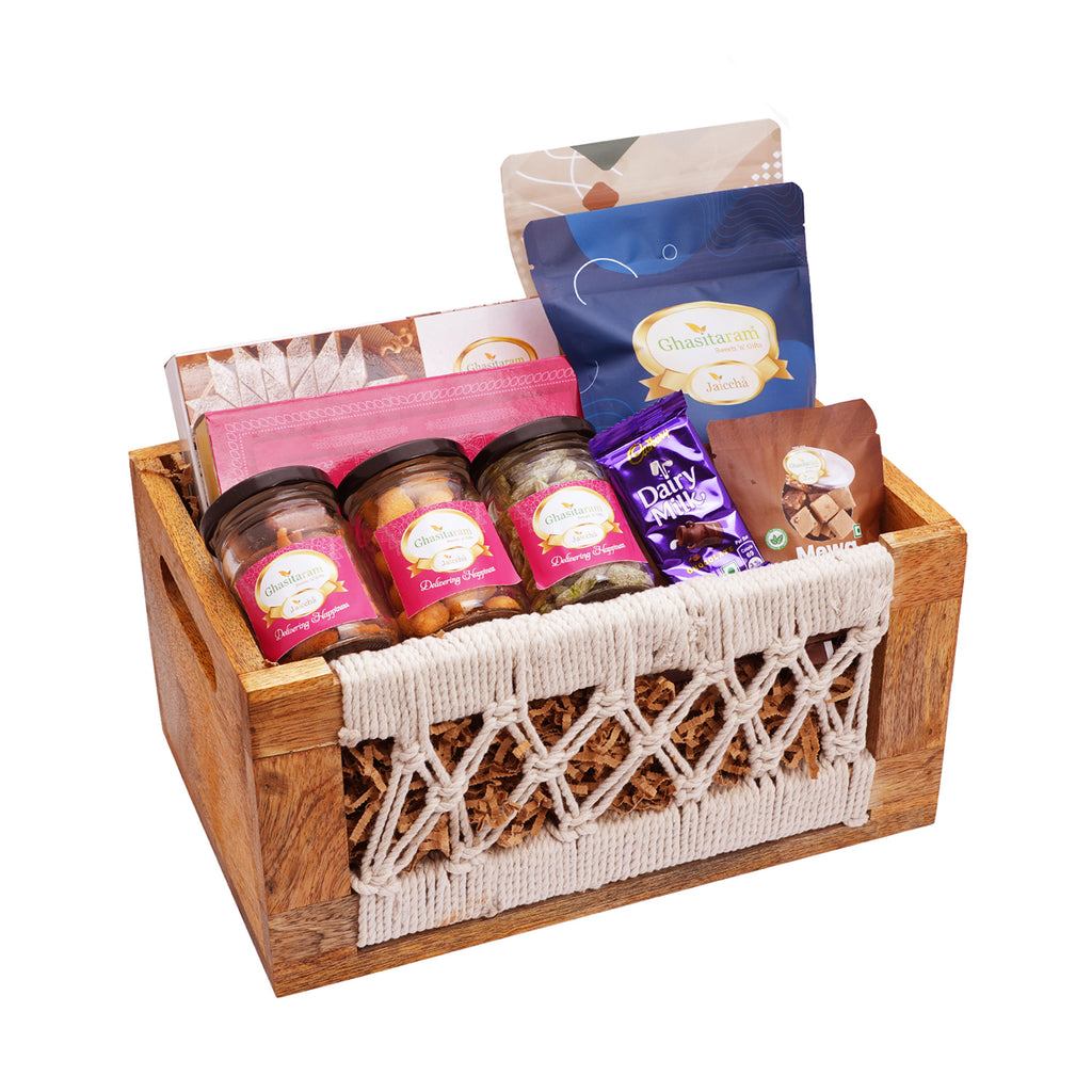 Wooden Jute Rectangle Basket of 17 Goodies