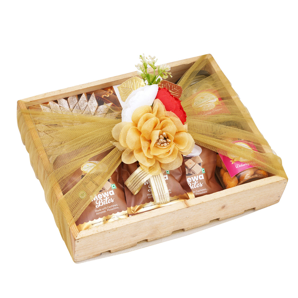 Wooden tray of Kaju Katli, 5 Mewa Bites and 2 Jars of Paan Raisins and Crunchy Cashews