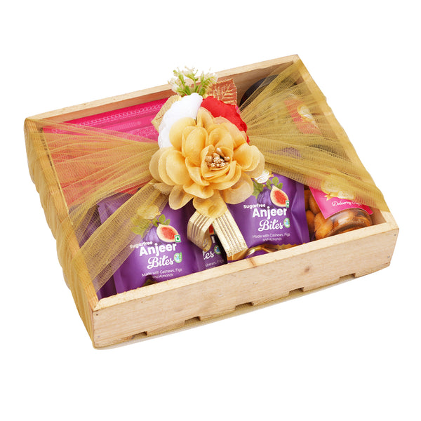 Wooden tray of Sugarfree Kaju Katli, 5 Sugarfree Bites and 2 Jars of Paan Raisins and Crunchy Cashews