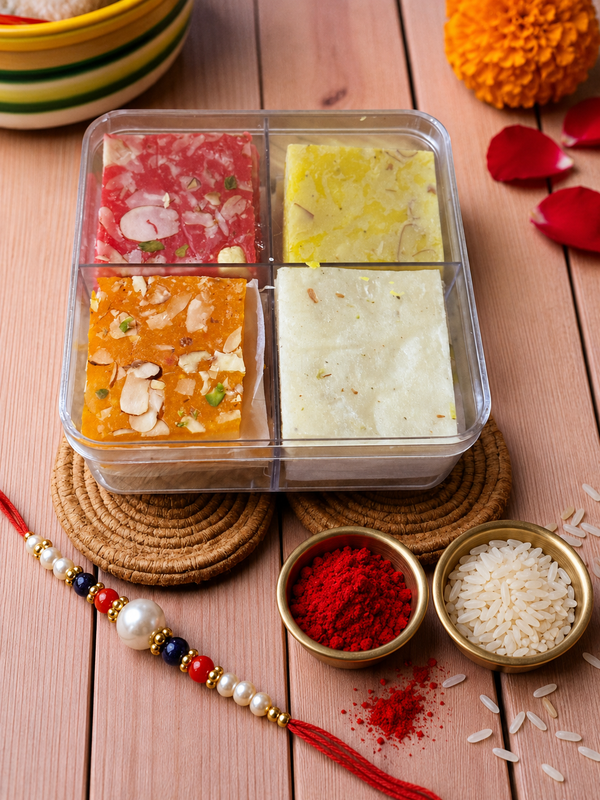 Assorted Bombay Ice Halwa in Acrylic Box 400 GMS with 2 Rakhis