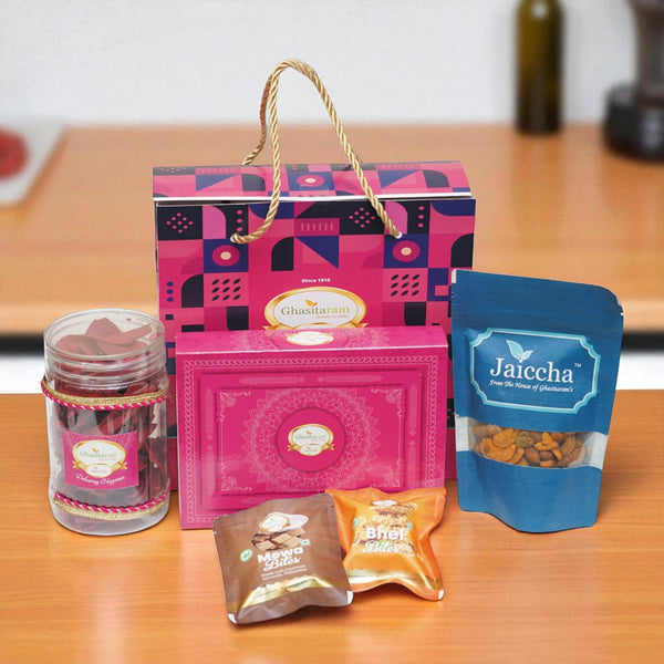 Diwali Gifts-Bag Gift Box with milk cake, namkeen, dryfruit