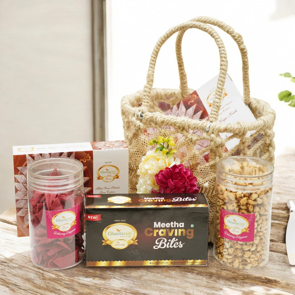 Diwali Gifts-Jute Flower basket with Kaju Katlis, namkeen and Bites