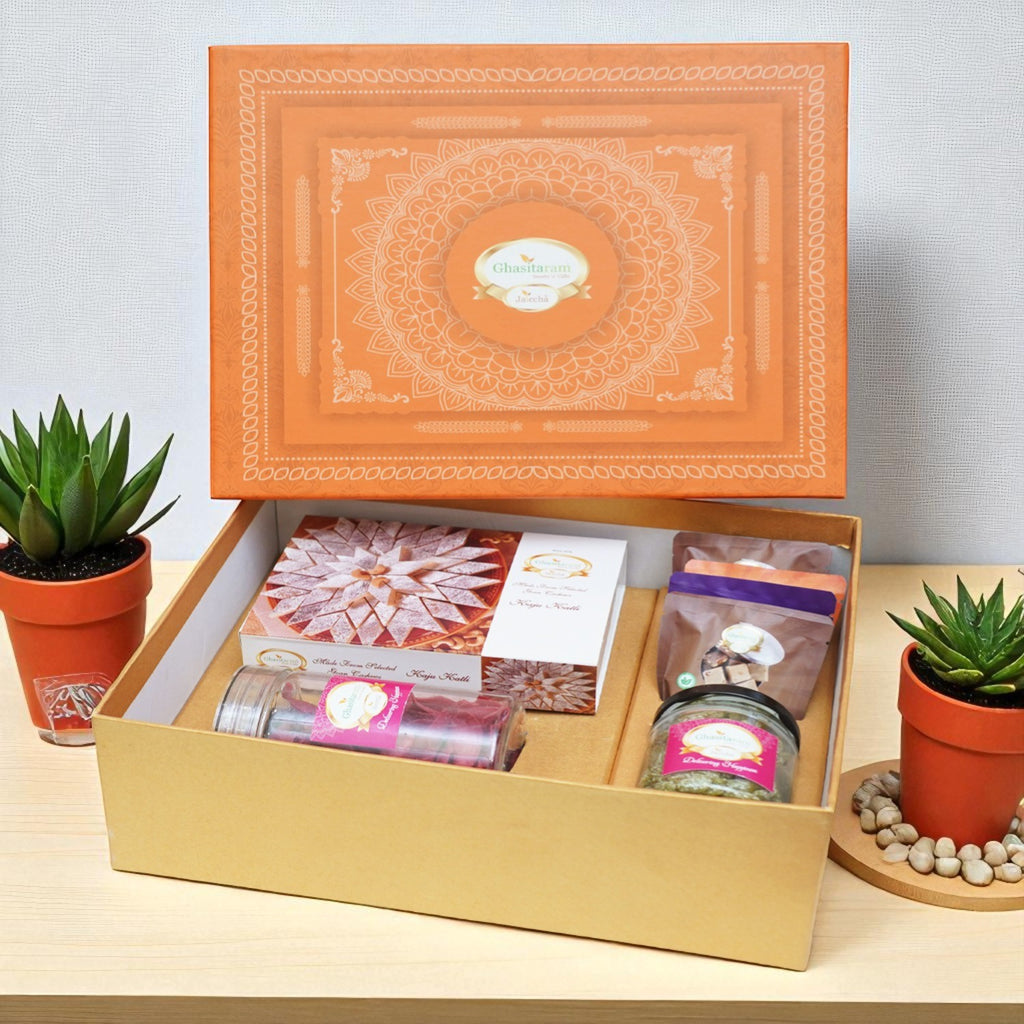 Orange Hamper Box of Kaju Katlis, Namkeen and Dryfruit- Ohb-3