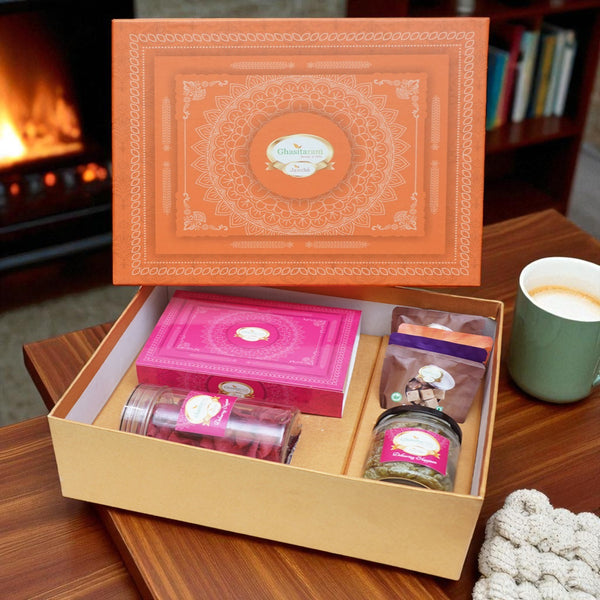 Orange Hamper Box of Milk Cake, Namkeen and Dryfruit- Ohb-4