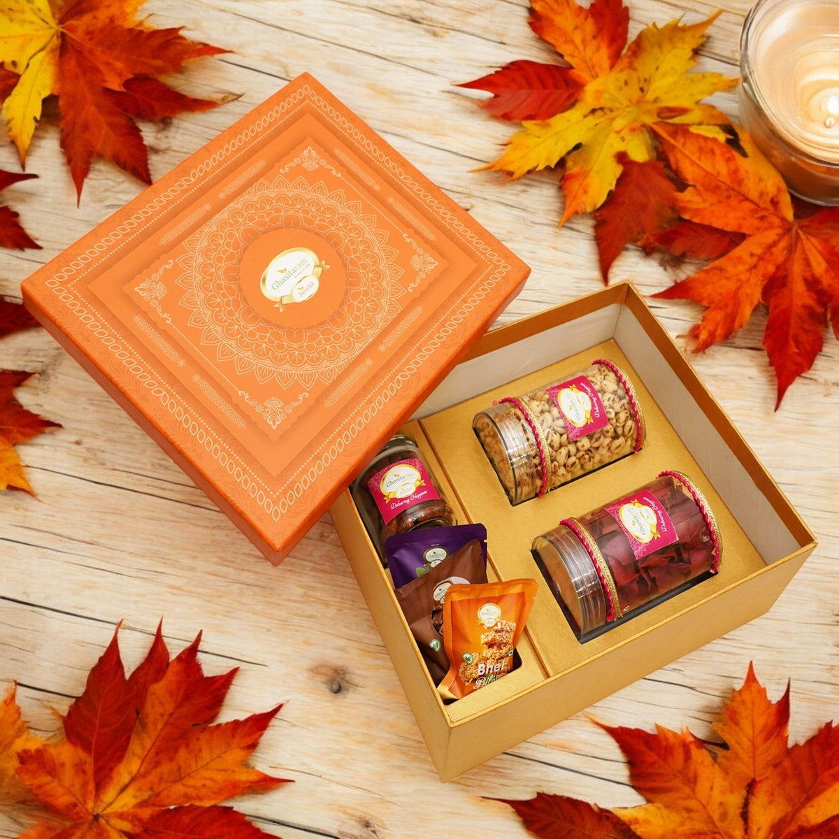 Orange Hamper Box of Sweets / Bites, Namkeen and Dryfruit- Ohb-1