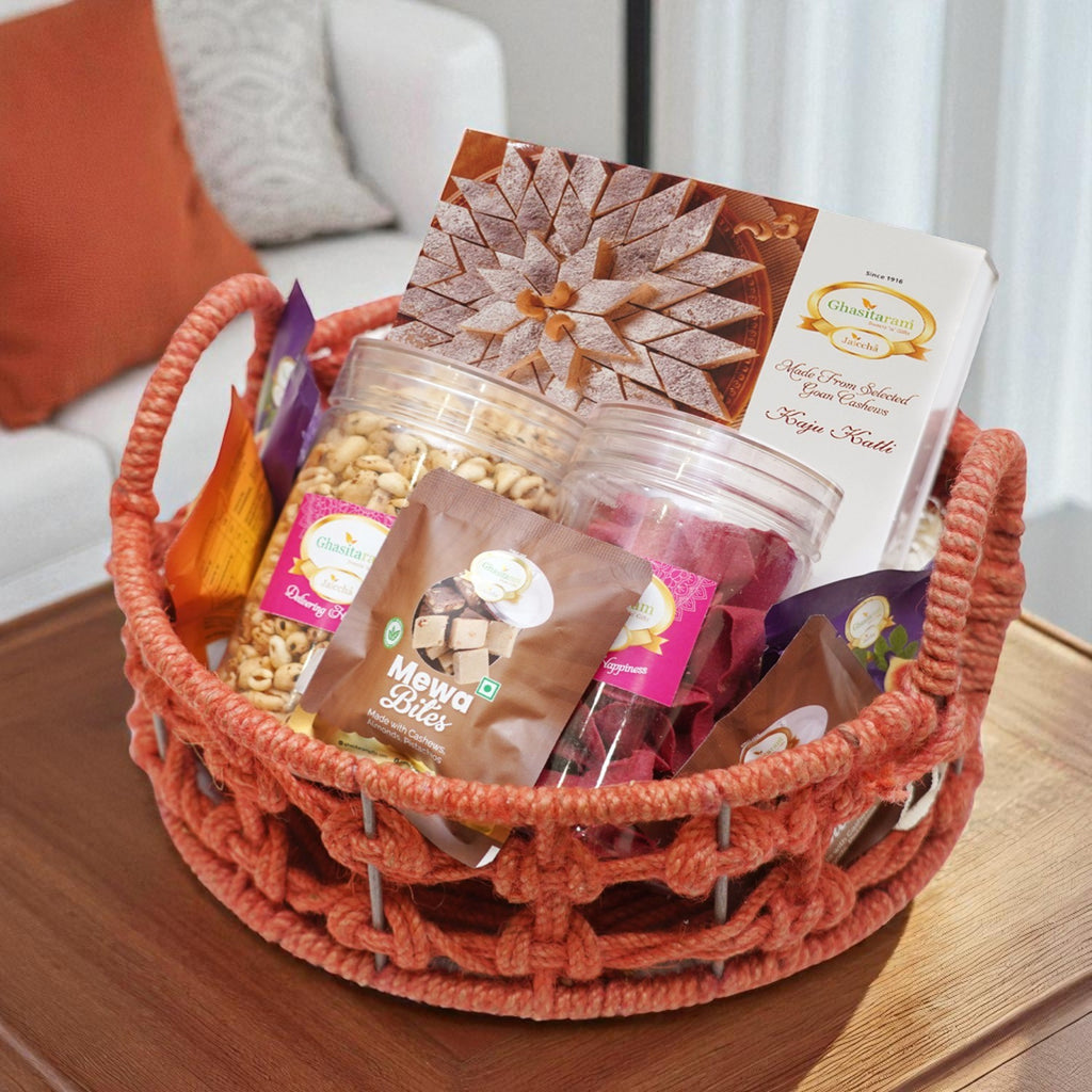Orange Jute Basket With Kaju Katlis/ Namkeen and Bites
