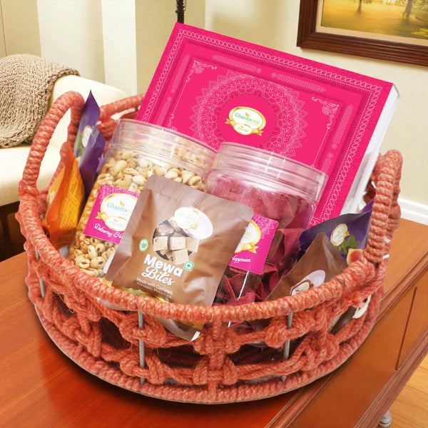 Diwali Gifts-Orange Jute Basket With Milk Cake/ Namkeen and Bites