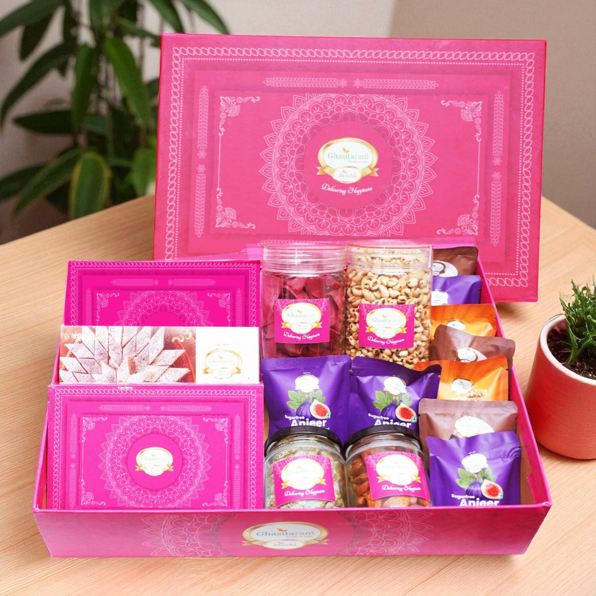 Diwali Gifts-Big Pink Hamper box of 17 Goodies
