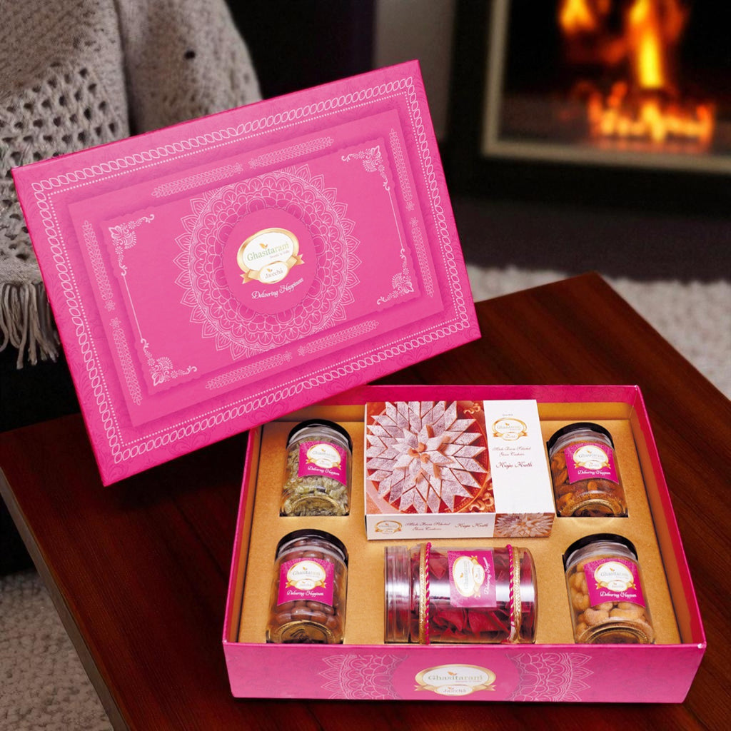 Diwali Gifts-Big Pink Hamper Box of kaju Katlis, Namkeen and Dryfruit- Phb-3