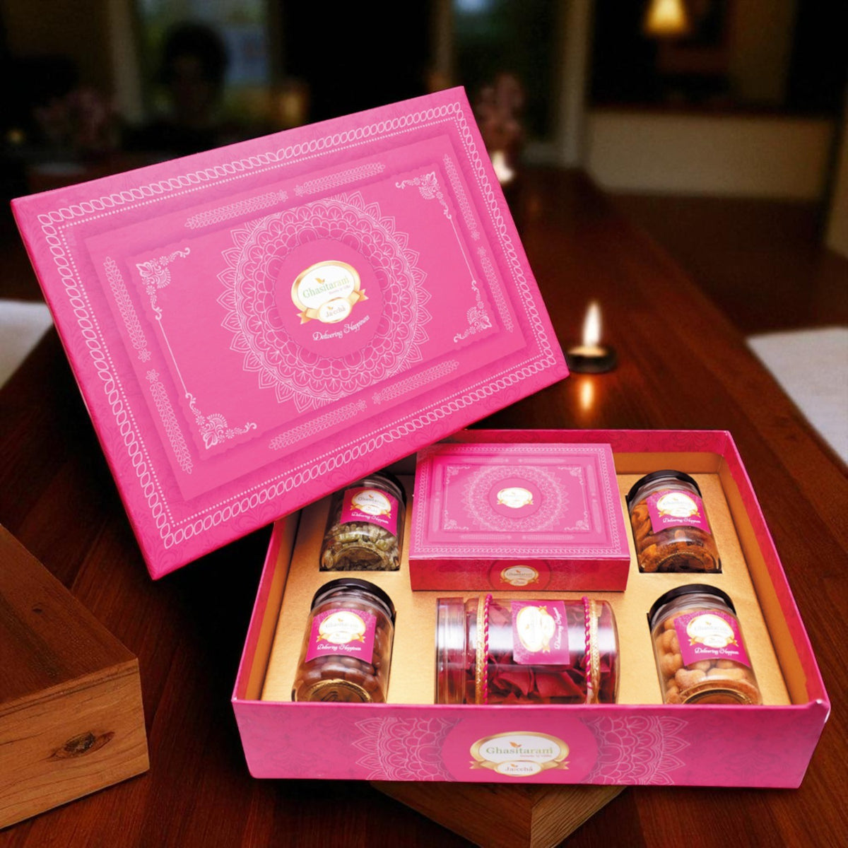 Big Pink Hamper Box of Milk Cake, Namkeen and Dryfruit- Phb-4