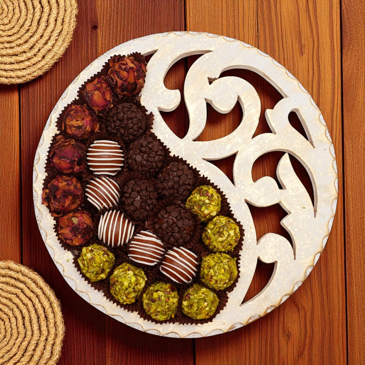 Diwali Gifts-White Wooden Thali with Dryfruit Sweets