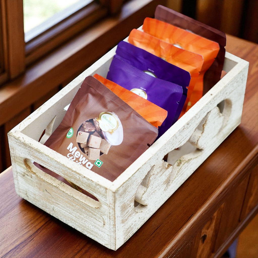 Diwali Gifts-White Wooden tray of Assorted Bites Pouches