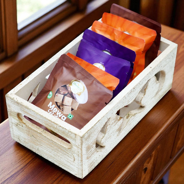 White Wooden tray of Assorted Bites Pouches