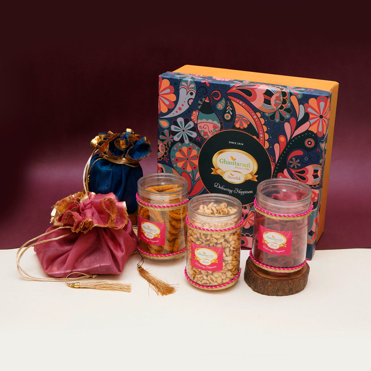 Ghasitaram Big Hamper Box of Best Bites, mithai/Sweet Pouches, dryfruit, namkeen