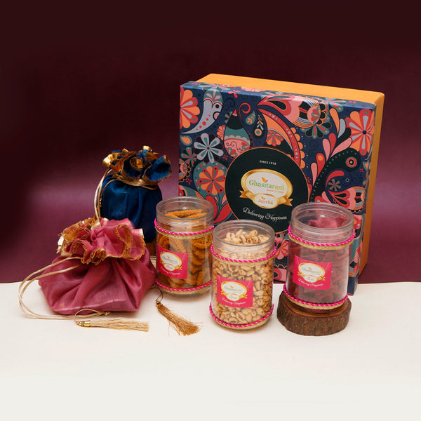 Ghasitaram Big Hamper Box of Best Bites, mithai/Sweet Pouches, dryfruit, namkeen
