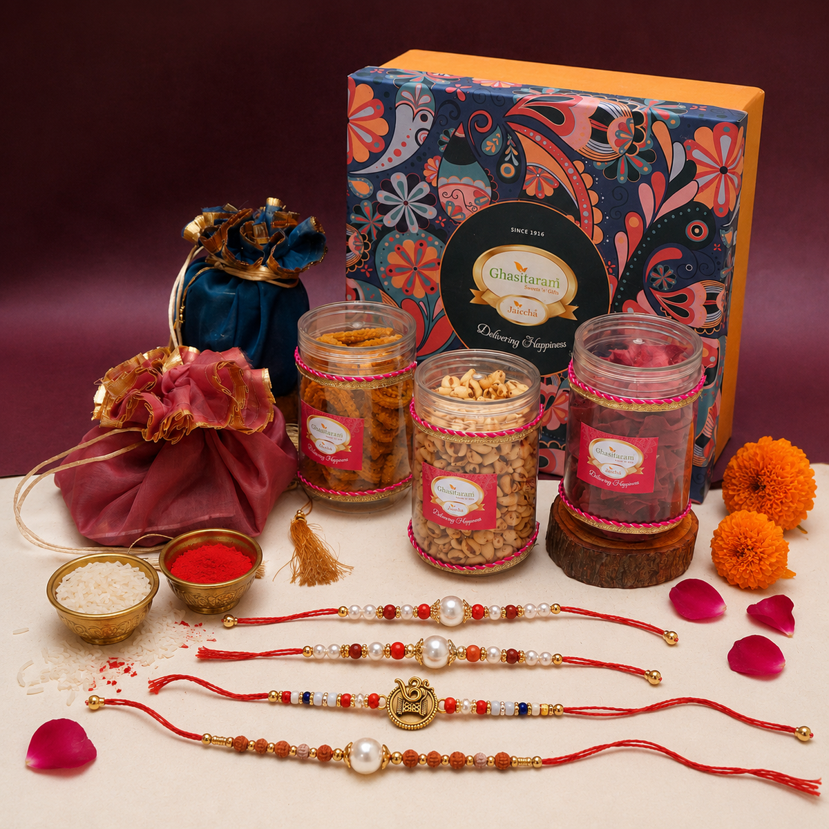 Ghasitaram Big Hamper Box of Best Bites, mithai/Sweet Pouches, dryfruit, namkeen with 2 Rakhis